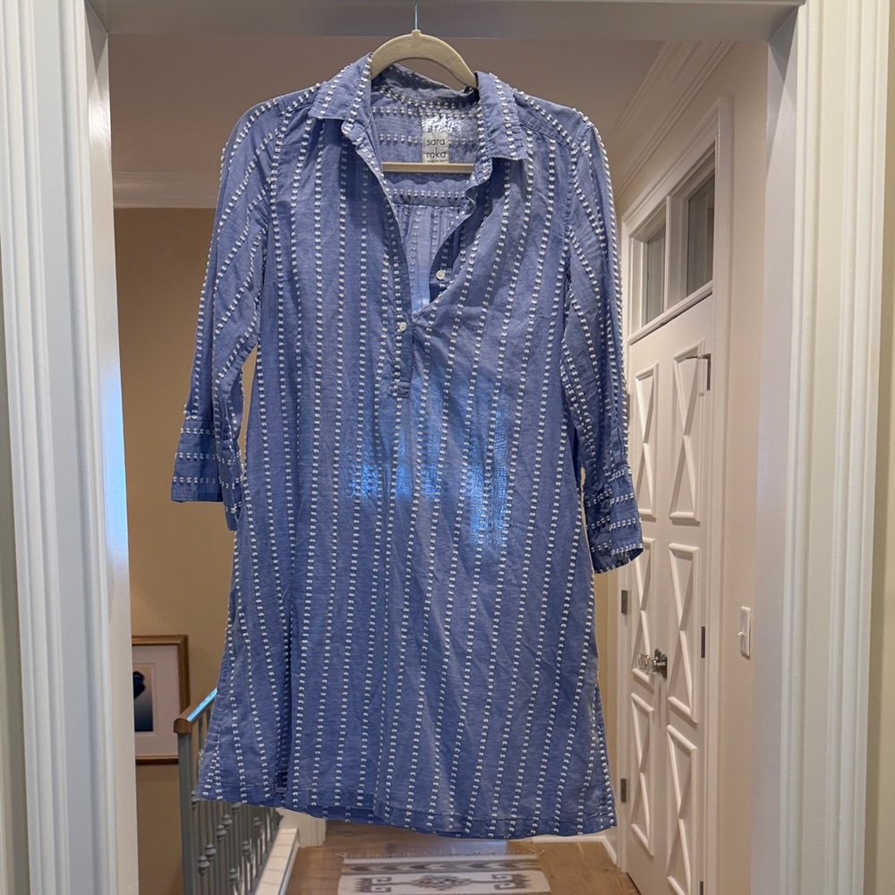 Sara Roka Blue Striped Button-Front Tunic Dress